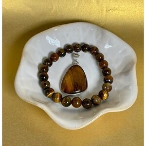 Tiger Eye Stone Bracelet and‎ Pendant Set, Healing Crystal Gemstone Jewelry